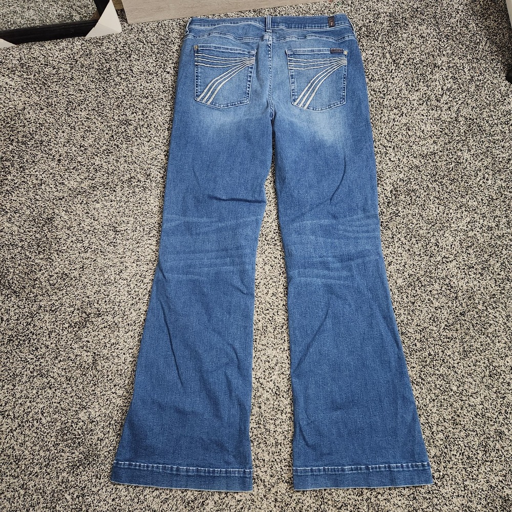 7 For All Mankind Flare Jeans Silver Stitch Pocket Womens Sz 32 Stretch 10" Rise